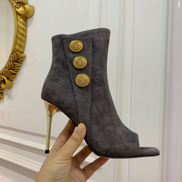 BM 26S Open-Toe Ankle Boots 9.5cm Gold Buttons Stiletto Dark Grey Suede 111322