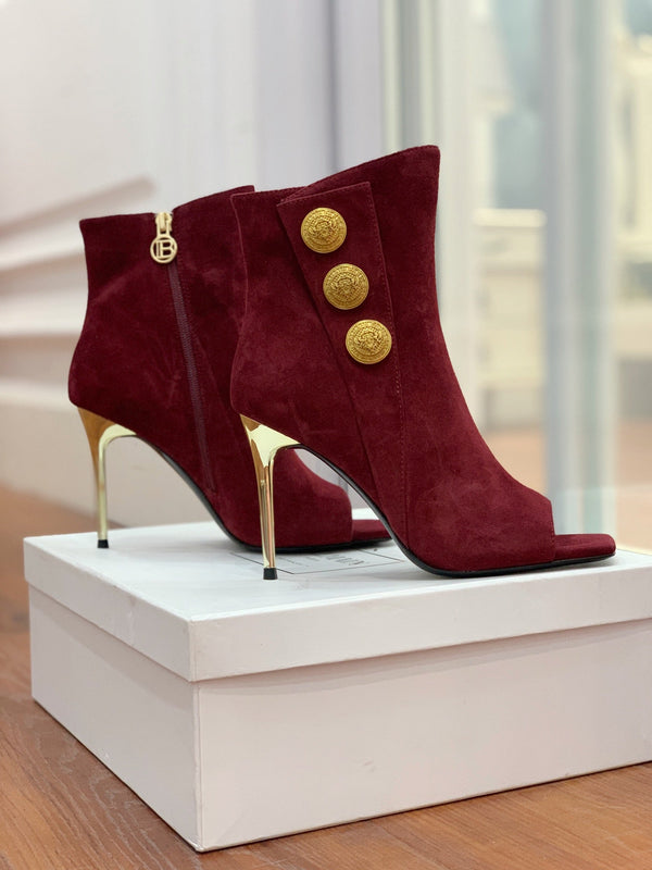 BM 26S Open-Toe Ankle Boots 9.5cm Gold Buttons Stiletto Burgundy Suede 111319