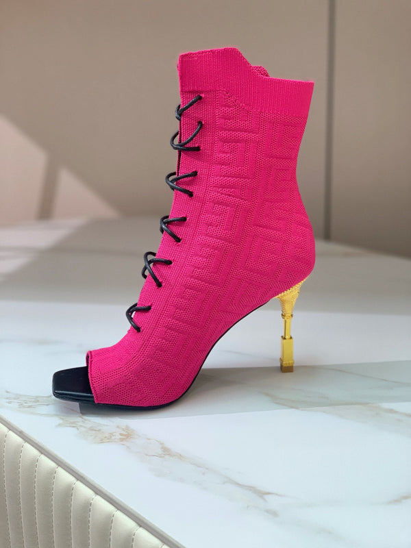 BM 26S Moneta Monogram Lace-Up Boots Peep-Toe Hot Pink Knit 111313