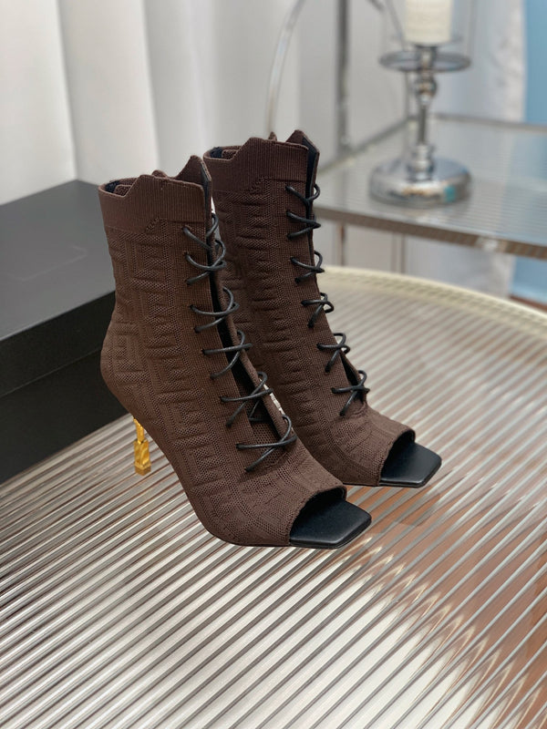 BM 26S Moneta Monogram Lace-Up Boots Peep-Toe Coffe Knit 111312