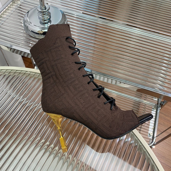 BM 26S Moneta Monogram Lace-Up Boots Peep-Toe Coffe Knit 111312