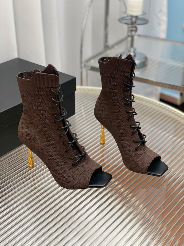 BM 26S Moneta Monogram Lace-Up Boots Peep-Toe Coffe Knit 111312
