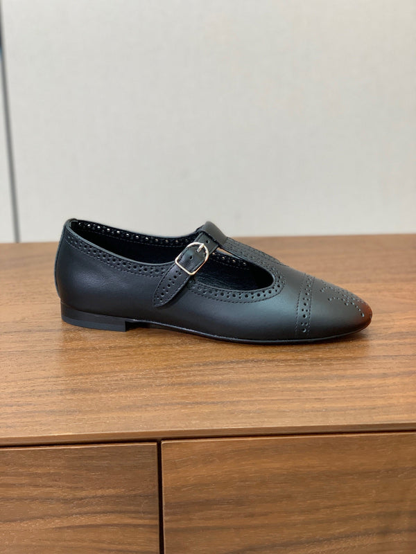 HM Nectar Ballet Flats H Lift Perforations T-Strap Black Leather 111180