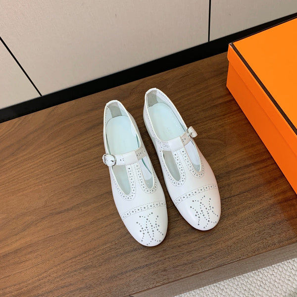 HM Nectar Ballet Flats H Lift Perforations T-Strap White Leather 111178