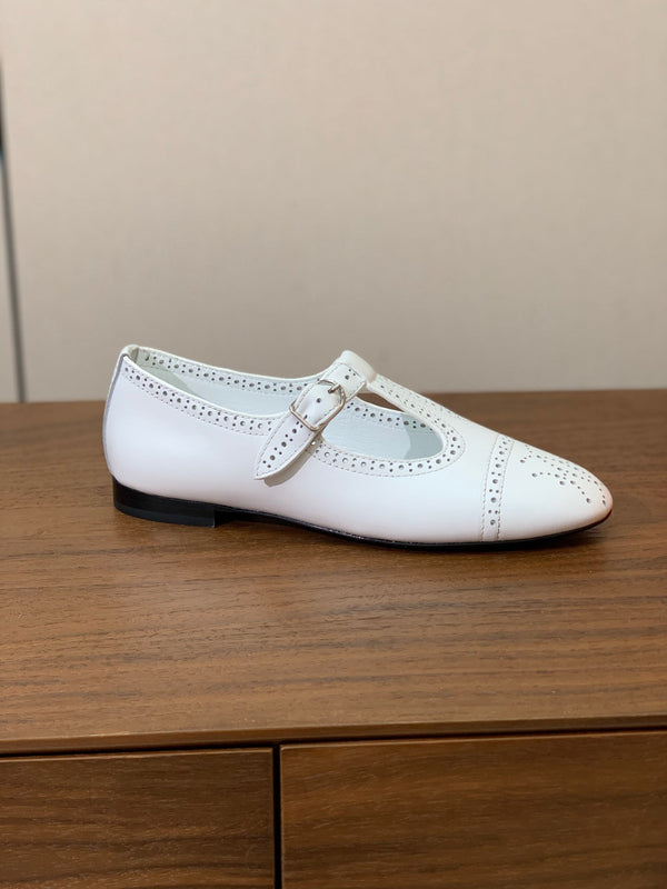 HM Nectar Ballet Flats H Lift Perforations T-Strap White Leather 111178