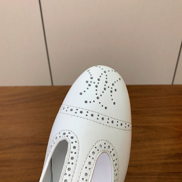 HM Nectar Ballet Flats H Lift Perforations T-Strap White Leather 111178