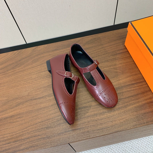 HM Nectar Ballet Flats H Lift Perforations T-Strap Burgundy Leather 111177