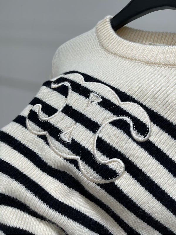 CE 26S Striped Crewneck Sweater Triomphe Logo Ecru Black Wool 430373