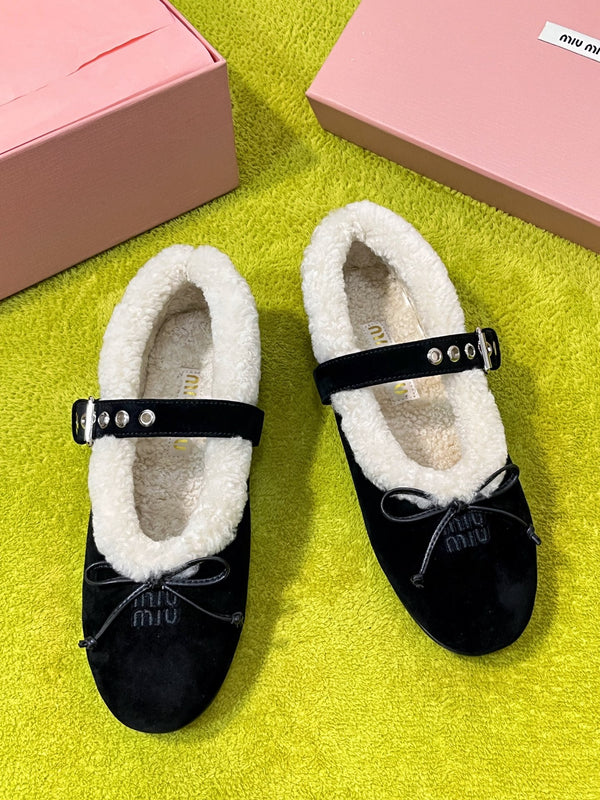 Miu Shearling Trim Mary Jane Flats Bow Detail Black Suede 137209