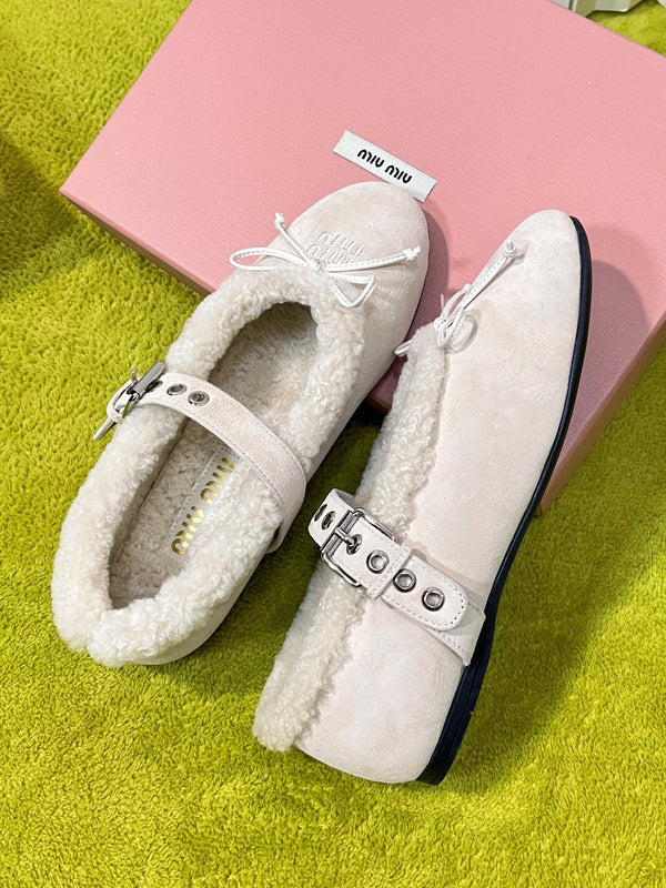 Miu Shearling Trim Mary Jane Flats Bow Detail Cream Suede 137207