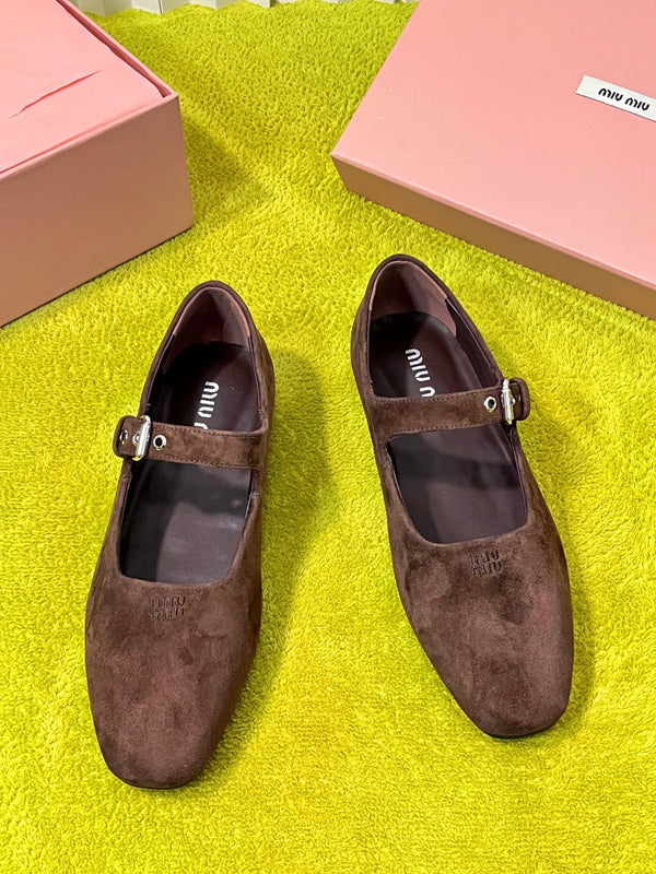 Miu 26S Mary Jane Flats Buckled Strap Logo Brown Suede 137202