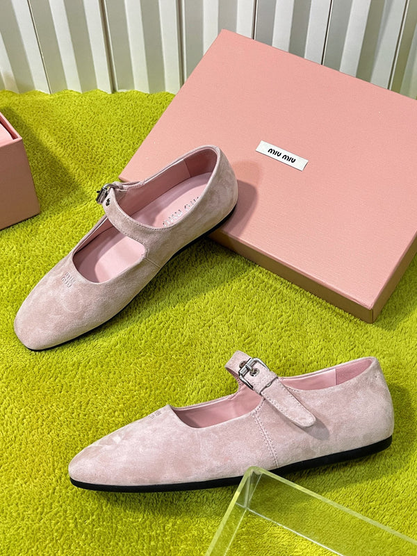 Miu 26S Mary Jane Flats Buckled Strap Logo Pink Suede 137200