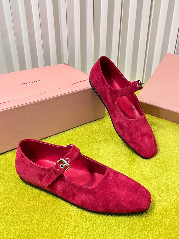 Miu 26S Mary Jane Flats Buckled Strap Logo Red Suede 137198