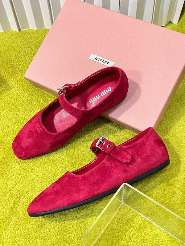 Miu 26S Mary Jane Flats Buckled Strap Logo Red Suede 137198