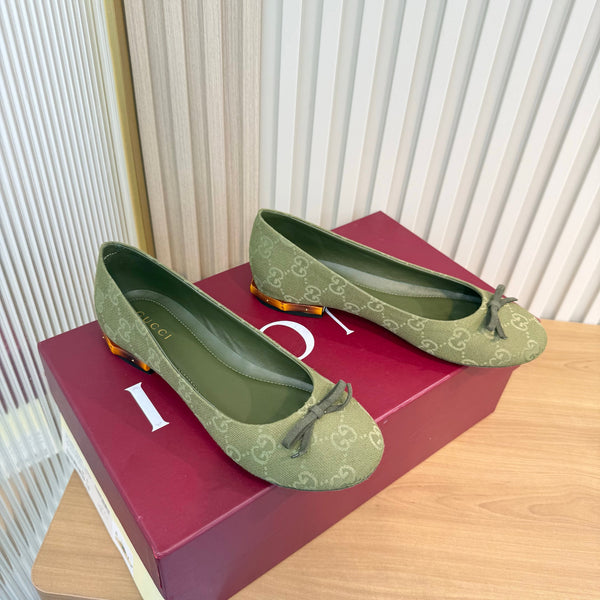 GG 26S Horsebit Ballet Flats Bow Detail Olive Green GG Canvas 141308