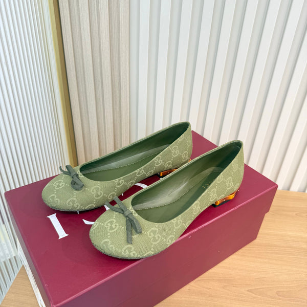 GG 26S Horsebit Ballet Flats Bow Detail Olive Green GG Canvas 141308