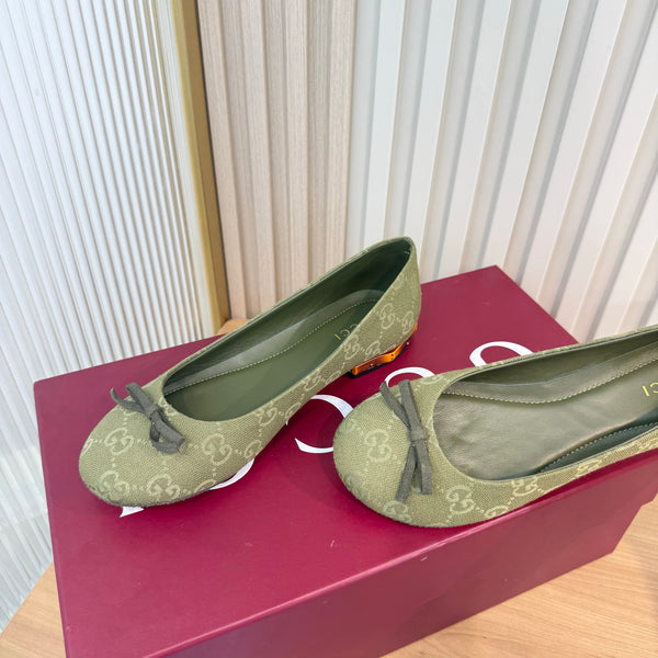 GG 26S Horsebit Ballet Flats Bow Detail Olive Green GG Canvas 141308