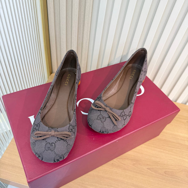 GG 26S Horsebit Ballet Flats Bow Detail Brown GG Canvas 141307