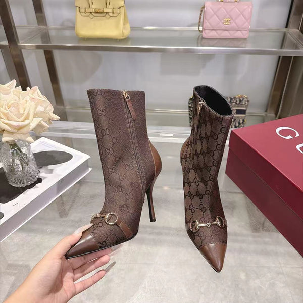 GG 26S Ankle Boots 10.5cm Horsebit Canvas Sand Dark Brown Leather Toe Cap 141302
