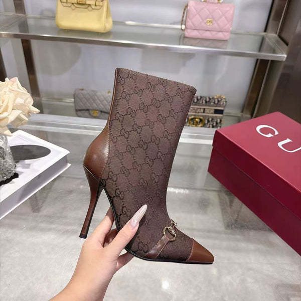 GG 26S Ankle Boots 10.5cm Horsebit Canvas Sand Dark Brown Leather Toe Cap 141302