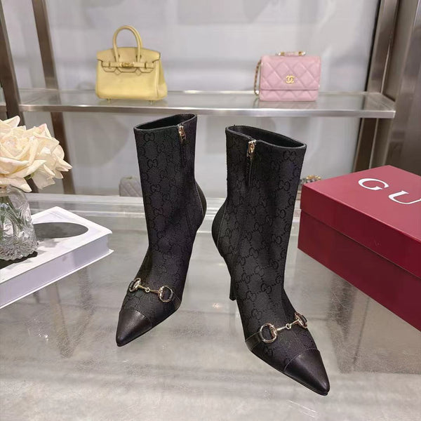GG 26S Ankle Boots 10.5cm Horsebit Canvas Sand Black Leather Toe Cap 141301