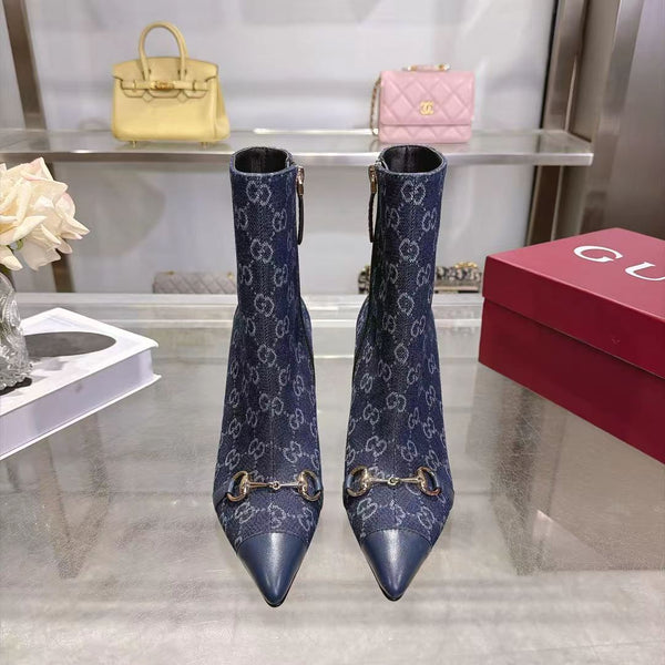 GG 26S Ankle Boots 10.5cm Horsebit Canvas Sand Dark Blue Leather Toe Cap 141300