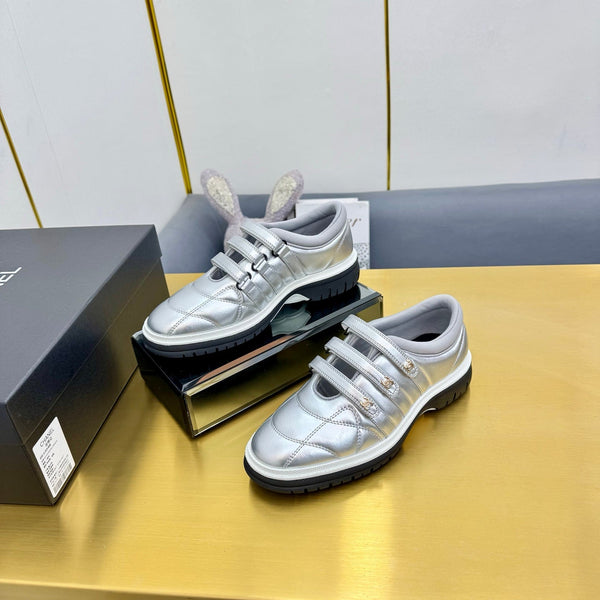 CC 26S Quilted Platform Sneakers Triple Velcro Straps Metallic Silver Leather 140248