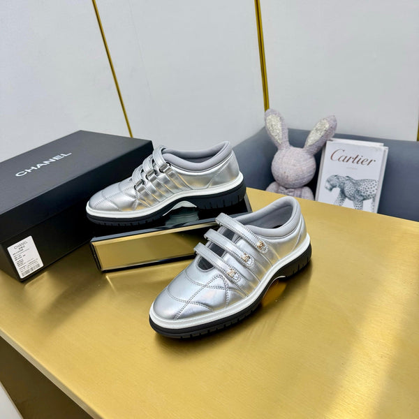 CC 26S Quilted Platform Sneakers Triple Velcro Straps Metallic Silver Leather 140248