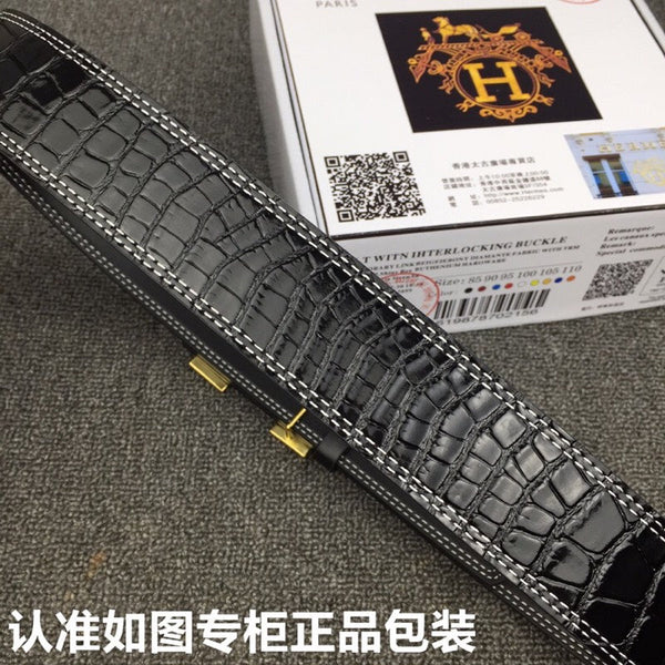 HM Belt 38mm Black Crocodile Leather Gold Buckle 619361