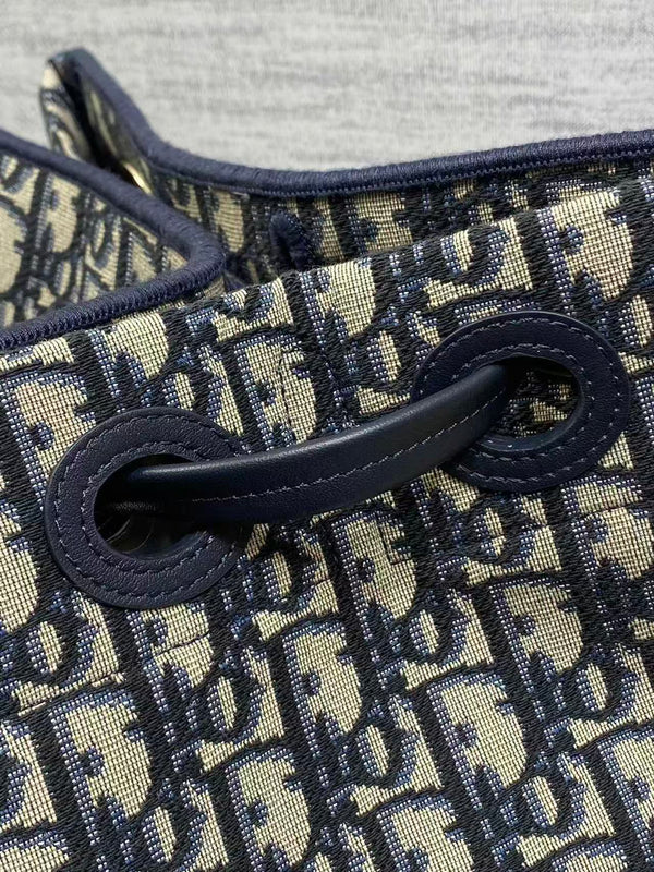 CD Medium Shopping Bag Blue Beige Oblique Jacquard Cotton Calfskin