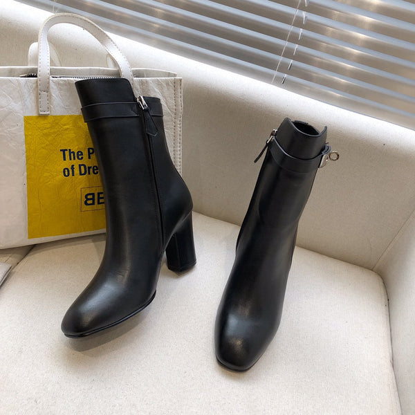 HM Classic Kelly High-Heeled Boots Black Cowhide 546214
