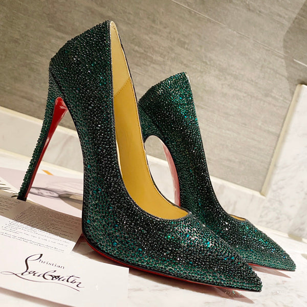 CL Kate Strass Degrade Pumps 100mm Suede Green