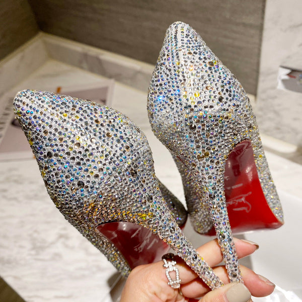 CL Kate Strass Degrade Pumps 100mm Suede Silver