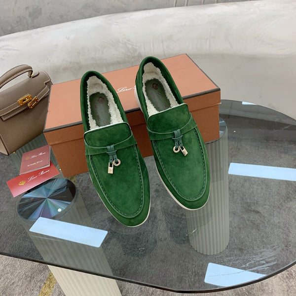 LP 26s Open Walk Loafers 2cm Emerald Green Suede Shearling SHW 110783