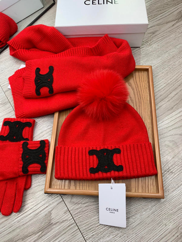CE Hat Scarf Gloves Set Red Knit Fur 475093