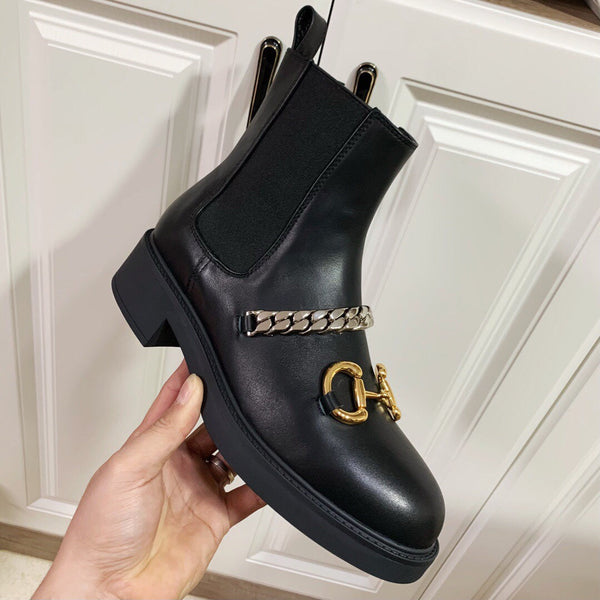 HORSEBIT ANKLE BOOTS WITH CHAIN IN BLACK CALFSKIN