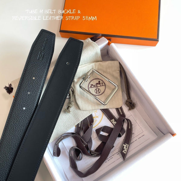 TUBE H BELT SILVER BUCKLE & REVERSIBLE BLACK LEATHER STRAP 38MM