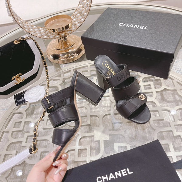 CC 25C Three Strap Sandal Mule High Heel Black Sheepskin 213348