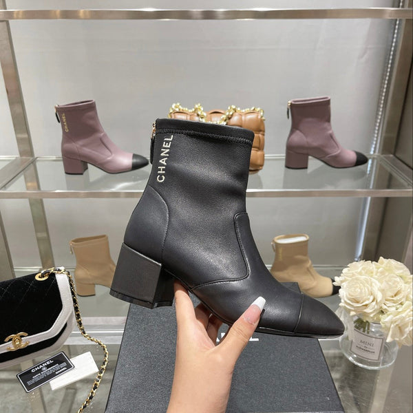 CC 26s Cap-Toe Block-Heel Ankle Boots 5cm Black Leather 966881