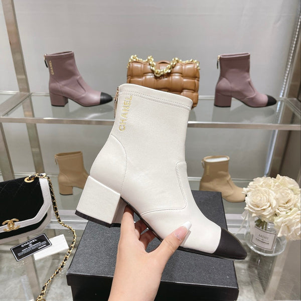 CC 26s Cap-Toe Block-Heel Ankle Boots 5cm White Black Leather 966883