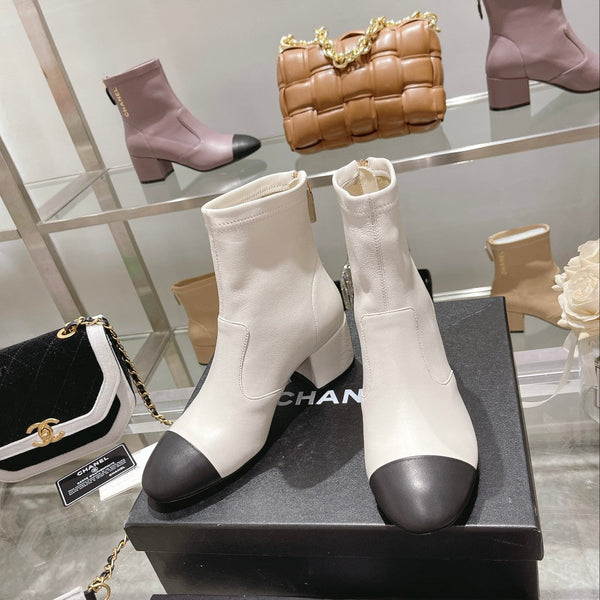 CC 26s Cap-Toe Block-Heel Ankle Boots 5cm White Black Leather 966883