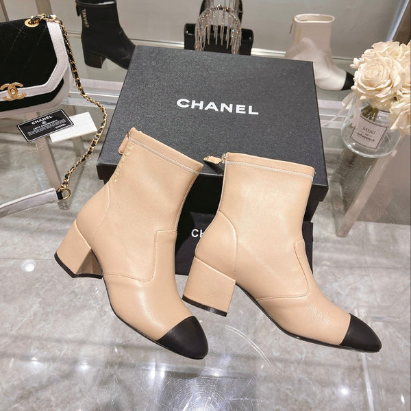 CC 26s Cap-Toe Block-Heel Ankle Boots 5cm Beige Black Leather 966884