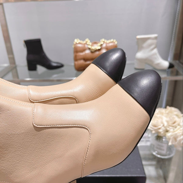 CC 26s Cap-Toe Block-Heel Ankle Boots 5cm Beige Black Leather 966884