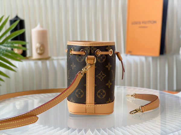 nano noe 13 brown monogram canvas beige calfskin gold hardware