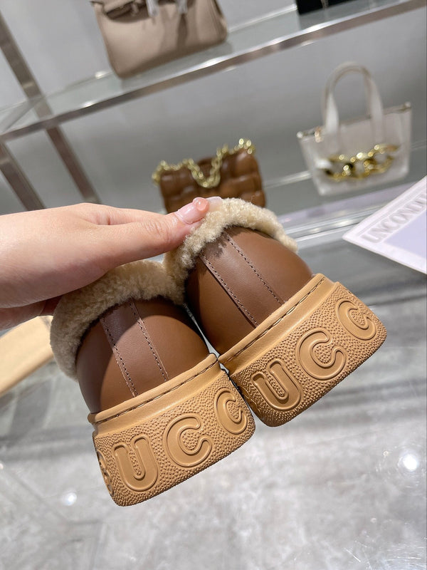 GG Snow Boots Brown Calfskin Denim Wool 576247