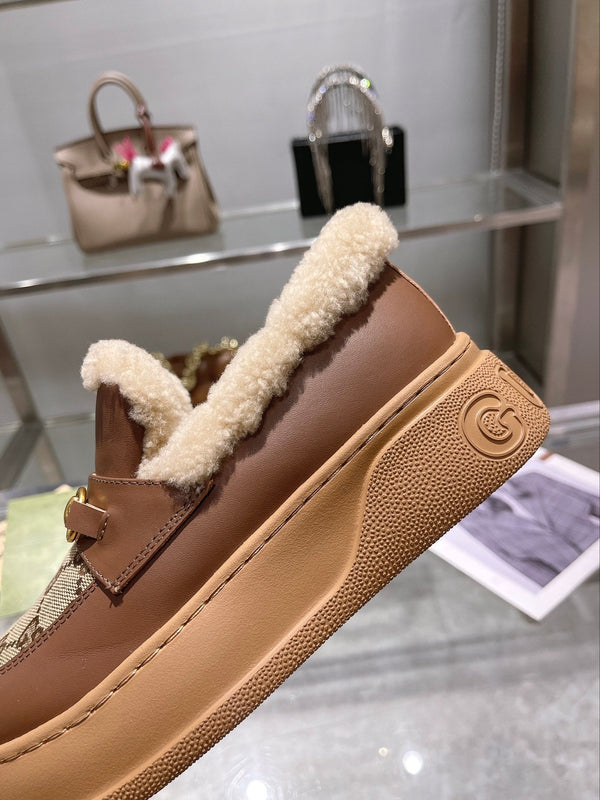 GG Snow Boots Brown Calfskin Denim Wool 576249
