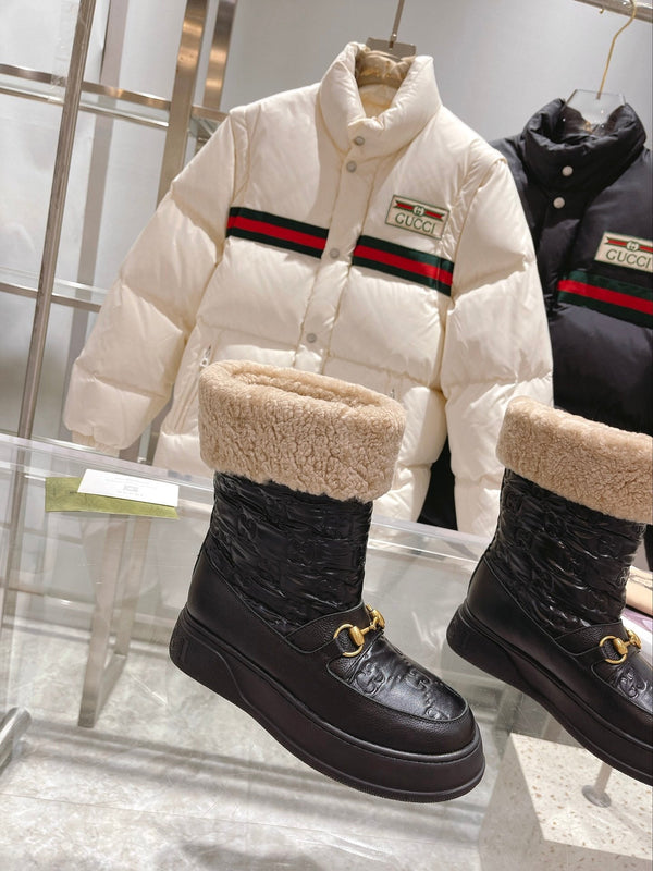 Gucci 2025 Monogram Boot Black Beige Wool Calfskin 564686