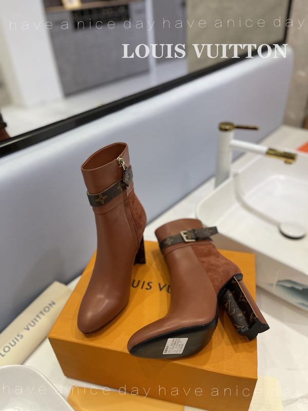 LV 26s Silhouette Ankle Boot 10cm Brown Cowhide Suede & Monogram Canvas 574030
