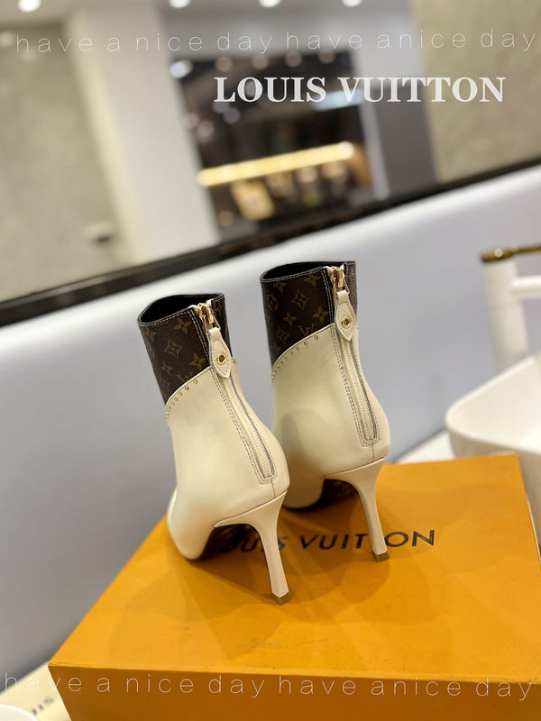 LV Cherie Ankle Boots 9cm Cream Calfskin Monogram Canvas