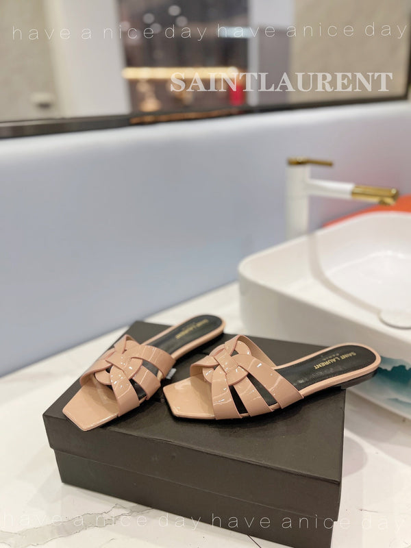 SL TRIBUTE SLIPPERS GLOSSY PINK NUDE CALFSKIN